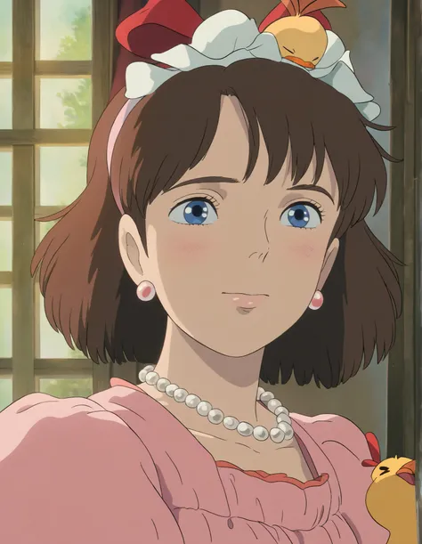 Studio Ghibli, hand drawn animation style,
Masterpiece, high score,
chica, portrait, illustration, brown hair, blue eyes, pink dress, RED RIBBON, pearl necklace, flower earrings