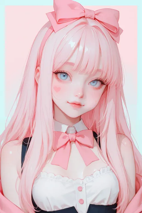 A beautiful, very cute and lovely girl, she has long, light pink hair with bangs, light blue eyes, fair skin, and freckled cheeks, with a cute bow on her head. Small breasts. On a pastel-colored background.