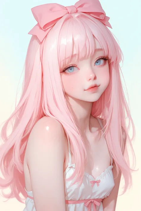 A beautiful, very cute and lovely girl, she has long, light pink hair with bangs, light blue eyes, fair skin, and freckled cheeks, with a cute bow on her head. Small breasts. On a pastel-colored background.