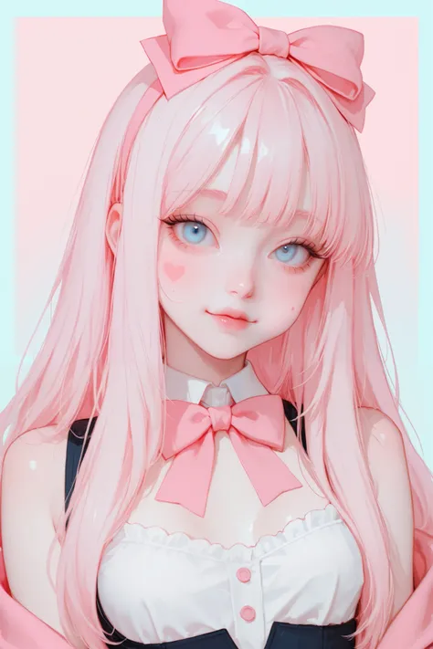 A beautiful, very cute and lovely girl, she has long, light pink hair with bangs, light blue eyes, fair skin, and freckled cheeks, with a cute bow on her head. Small breasts. On a pastel-colored background.