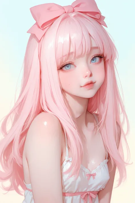 A beautiful, very cute and lovely girl, she has long, light pink hair with bangs, light blue eyes, fair skin, and freckled cheeks, with a cute bow on her head. Small breasts. On a pastel-colored background.