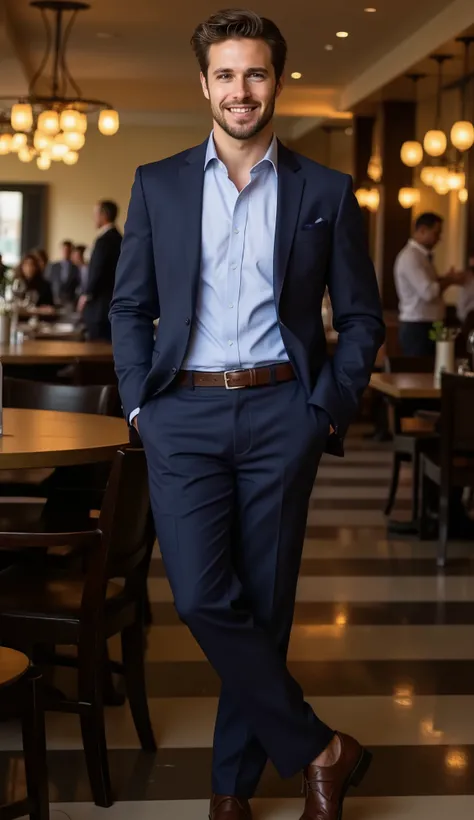 a young, handsome man, about 30 years old, brown hair, brown eyes, masculine, wearing a navy blue suit, smiling, standing in a restaurant