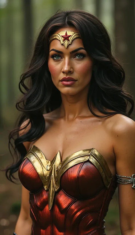  Wonder Woman , highlighting her role as a leader and symbol of hope, is a figure of strength and elegance, that transmits power , but also a deep humanity. Seu rosto, marked by experience, it displays a firm expression,  but welcoming . Her eyes are inten...