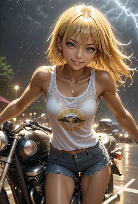 A motorcycle tuned to Cafe Racer specifications and 1 person(kogyaru)beauty wet hair for the youngest blonde brown skin black skin Realistic RAW photos Malicious Expression smile Look at you melancholy mood earrings bracelet、 standing、textured...
