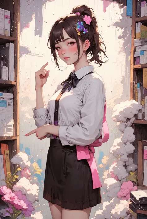 (((Macro))), close up shot : 1.8, profile, (((side view))), from side, 1 girl, detailed person, realistic depiction, (masterpiece, highres, high resolution:1.2), (business suit jacket, white shirt : 1.5, business tight mini skirt : 1.5), ((brown low ponyta...