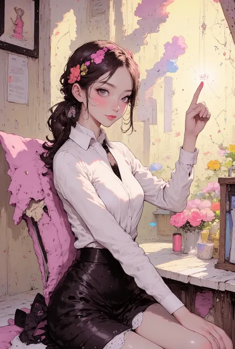 (((Macro))), close up shot : 1.8, profile, (((side view))), from side, 1 girl, detailed person, realistic depiction, (masterpiece, highres, high resolution:1.2), (business suit jacket, white shirt : 1.5, business tight mini skirt : 1.5), ((brown low ponyta...