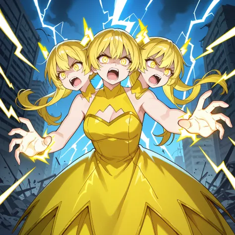 anime girl with three heads, blond hair, glowing yellow eyes, yellow dragon girl costume, simple yellow dress, bare arms and shoulders, angry, open mouth, lightning bolts in hands, action pose, ruined city