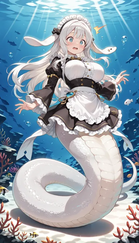 1 girl, big breasts, malice pawn march hare,alone, blush,White hair ,maid outfit,(Underwater:1.2),full body photo,  masterpiece,most,amazing quality,is very beautiful,Ridiculous,(full five fingers),lamia,White snake girl tail,shy,surprised expression