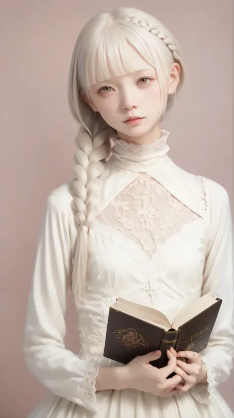 PERFECT ANATOMY, Correct human body, japanese girls , alone、one girl、少し短い首:1.7, Albino Skin, Gray Hair, Long straight hair , light brown eyes, Change Color to High Neck Lace Fabric, white clothes, Artistic Lace Braid, I can't see my hands ,...