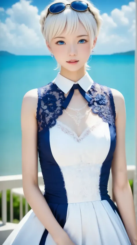 portrait ,  Xiaoyan , (masterpiece),  best quality,  nothing, 4K, 8k, Detail view,  precise details,  movie light,  great quality,  1 girl、Elegant indigo white lace style dress、 Indigo and white A-line dress、Elegant indigo and white lace style dress with d...