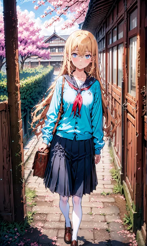 Eyes Wallenstein, Eyes Wallenstein,  Gold, hair between eyes, headband, long hair, , and the eyes are,Black sailor suit,long sleeve,blue cardigan,black pleated skirt,white pantyhose as if it were in the illustration,loafers,Student bag 1 :1,is walking,morn...