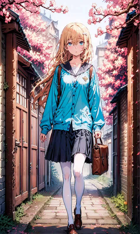 Eyes Wallenstein, Eyes Wallenstein,  Gold, hair between eyes, headband, long hair, , and the eyes are,Black sailor suit,long sleeve,blue cardigan,black pleated skirt,white pantyhose as if it were in the illustration,loafers,Student bag 1 :1,is walking,morn...