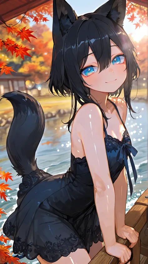 high definition, animal ears, 1 girl, masterpiece, high quality, chest, blue eyes, long hair, solo, black hair, bangs between eyes, maple, shiny hair, wave short hair、lens flare, overexposure、Short back hair held together with a ribbon、bushy tail,charact...