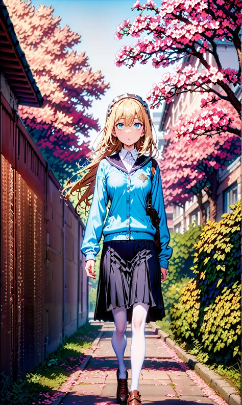 Eyes Wallenstein, Eyes Wallenstein,  Gold, hair between eyes, headband, long hair, , and the eyes are,Black sailor suit,long sleeve,blue cardigan,black pleated skirt,white pantyhose as if it were in the illustration,loafers,Student bag 1 :1,is walking,morn...