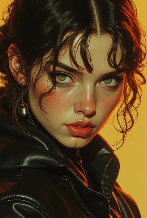 Ghotic cybergirl, retrato facial , full upper body photo shot, eyes green, seriously, hair color dark brown with golden orange blonde highlights, (medium shot:1.37), portrait of a woman, the same mouth and nose, beautiful dark green eyes, few strands of ha...