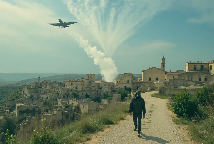 a plane passes through the sky of Matera (sui sassi_di_matera) and releases a dense chemical and toxic trail. a wears a gas mask and walks under the wake of the plane. The head bowed down. the color of the wake is white with a few shades of rotten green.