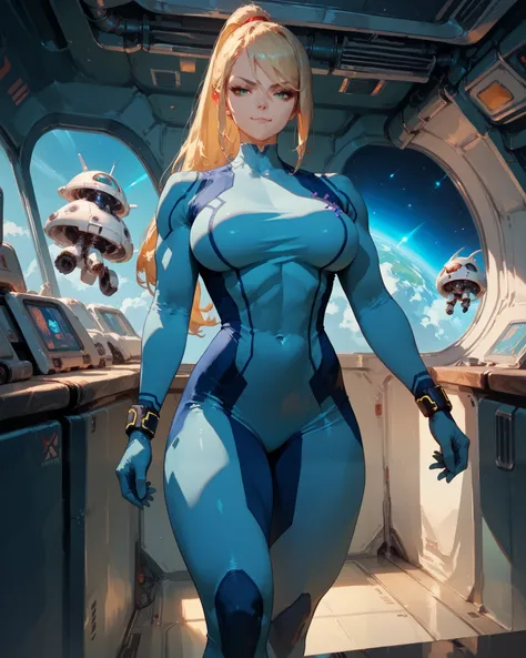 score_9, score_8_up, score_7_up, score_6_up, source_anime,Samus aran, tall, long legs,indoors, space ship, from front, bodysuit,closed mouth,aqua eyes,standing,big breasts,looking at viewer, smug smirk,
