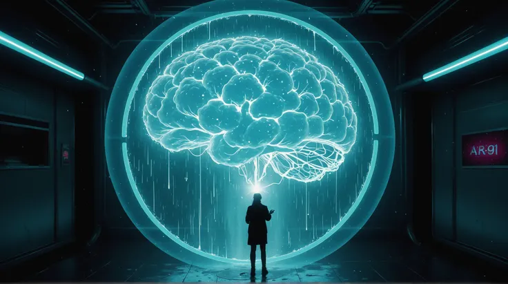 Cyberpunk memory store floating in digital void, holographic brain fragments colliding with neon data streams, glowing glass capsules containing glowing memories, retro-futuristic Japanese signage with Chinese characters, transparent human silhouette reach...