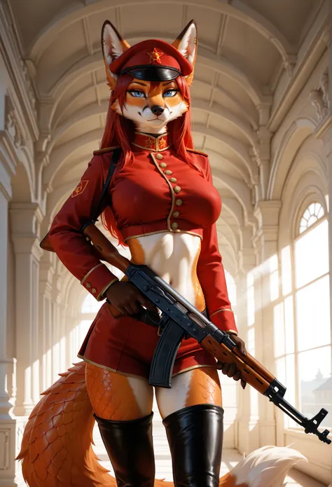 (anthro_fox,female,high detailed furred skin, slim body), ultra realistic, full growth, detailed facial features, big fake breasts, long red hair, fox ears, blue eyes, thigh boots, military uniform with sashes and epiquette, red soviet beret, holding rifle...