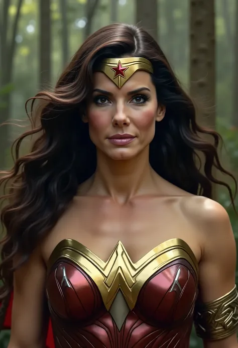  Wonder Woman , highlighting her role as a leader and symbol of hope, is a figure of strength and elegance, that transmits power , but also a deep humanity. Seu rosto, marked by experience, it displays a firm expression,  but welcoming . Her eyes are inten...