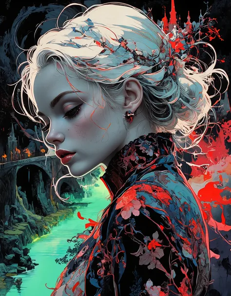 Silhouette art, breathtaking detail, a masterpiece that inspires awe, a shining, magnificent, dark background, the outlines of magnificent architectural objects emerging in the dark, ornate and incredibly detailed, pink, blue, neon-outlined castles and tow...