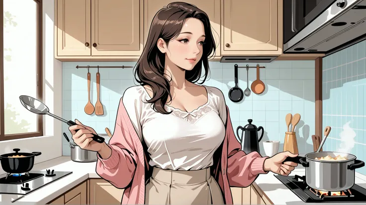 high quality, Perfect Dynamic Figures, afternoon, Kitchen, ((loose hair)), Korean mature woman wearing a pink cardigan, white blouse, beige flared skirt, Bust shot
Cooking,