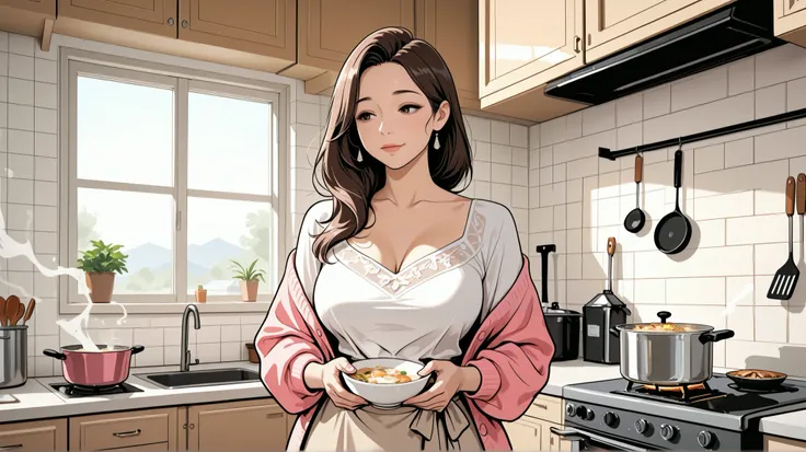 high quality, Perfect Dynamic Figures, afternoon, Kitchen, ((loose hair)), Korean mature woman wearing a pink cardigan, white blouse, beige flared skirt, Bust shot
Cooking,