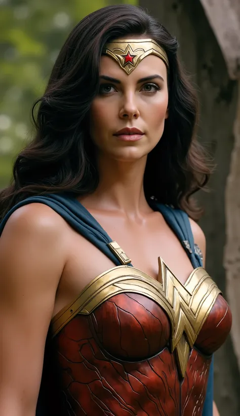  Wonder Woman , highlighting her role as a leader and symbol of hope, is a figure of strength and elegance, that transmits power , but also a deep humanity. Seu rosto, marked by experience, it displays a firm expression,  but welcoming . Her eyes are inten...