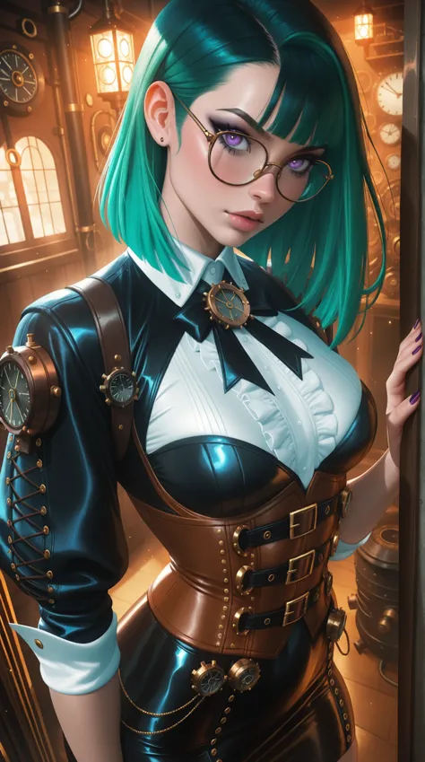 (TangoBat:0.7),(Sakimichan:0.7), Anime style illustration, female with glasses, steampunk style, short green hair, pretty detailed purple eyes, corset, tight skirt, neo-goth elements mixed with steampunk style, science-core, kawaii-core, makeup, intricate...