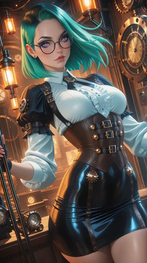 (TangoBat:0.7),(Sakimichan:0.7), Anime style illustration, female with glasses, steampunk style, short green hair, pretty detailed purple eyes, corset, tight skirt, neo-goth elements mixed with steampunk style, science-core, kawaii-core, makeup, intricate...