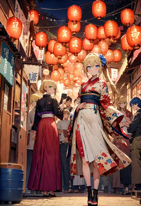 score_9, score_8_up, score_7_up, source_anime,
Eyes Wallenstein, Eyes Wallenstein,blond hair between eyes, headband, , and the eyes are, ponytail,flower hair ornament,Blue flower pattern kimono,standing,Light up fireworks,Red Lantern,Japanese stalls ,full ...