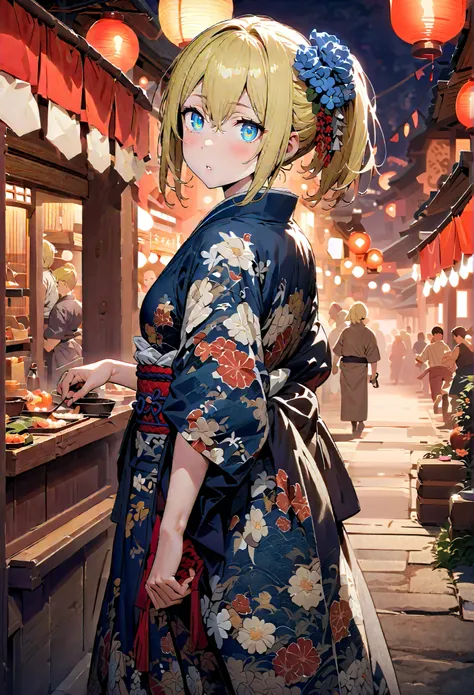 Eyes Wallenstein, Eyes Wallenstein,blond hair between eyes, headband, , and the eyes are, ponytail,flower hair ornament,Blue flower pattern kimono,standing,Light up fireworks,Red Lantern,Japanese stalls ,full bodyがillustrationsに入るように,break outdoors,Japanes...