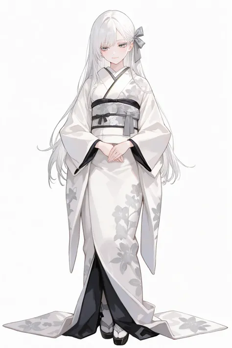masterpiece, best quality, female, delightful, light smile, white eyelashes, long hair, white hair, silver eyes, gray ribbon, kimono, full body shot, white background, solid white background, --ar 1:2