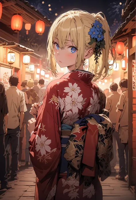 Eyes Wallenstein, Eyes Wallenstein,blond hair between eyes, headband, , and the eyes are, ponytail,flower hair ornament,Blue flower pattern kimono,standing,Light up fireworks,Red Lantern,Japanese stalls ,full bodyがillustrationsに入るように,break outdoors,Japanes...