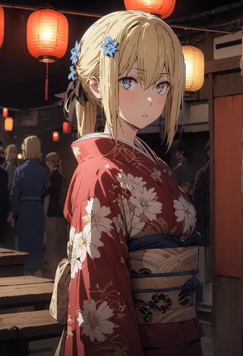 Eyes Wallenstein, Eyes Wallenstein,blond hair between eyes, headband, , and the eyes are, ponytail,flower hair ornament,Blue flower pattern kimono,standing,Light up fireworks,Red Lantern,Japanese stalls ,full bodyがillustrationsに入るように,break outdoors,Japanes...