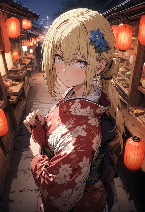 Eyes Wallenstein, Eyes Wallenstein,blond hair between eyes, headband, , and the eyes are, ponytail,flower hair ornament,Blue flower pattern kimono,standing,Light up fireworks,Red Lantern,Japanese stalls ,full bodyがillustrationsに入るように,break outdoors,Japanes...