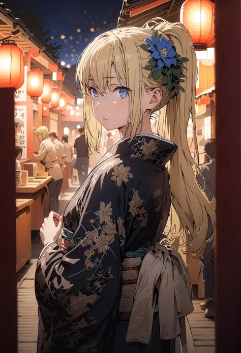Eyes Wallenstein, Eyes Wallenstein,blond hair between eyes, headband, , and the eyes are, ponytail,flower hair ornament,Blue flower pattern kimono,standing,Light up fireworks,Red Lantern,Japanese stalls ,full bodyがillustrationsに入るように,break outdoors,Japanes...