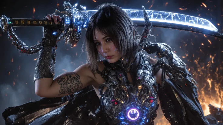  Lori Smith transforms into a warrior , Her frost-stained face、full of traces of time and battle.  her habits are broken  , Covered with、was re-sewn with mismatched leather and wire mesh patches,  showed slight scars and vivid tattoos on her collarbone . a...