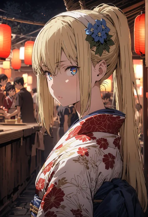 Eyes Wallenstein, Eyes Wallenstein,blond hair between eyes, white hair band, , and the eyes are, ponytail,flower hair ornament,Blue flower pattern kimono,standing,Light up fireworks,Red Lantern,Japanese stalls ,full bodyがillustrationsに入るように,break outdoors,...