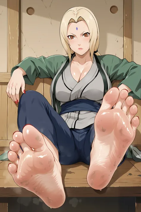  Tsunade,blonde hair, long hair, low twintails, hair tie, brown eyes, forehead mark,red nails, green jacket, long sleeves, collarbone, cleavage, grey kimono, blue obi, blue pants,mature female,large breasts,foot focus, feet, barefoot, toes,blue toenails, f...