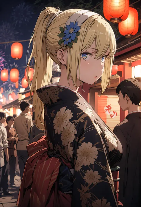 Eyes Wallenstein, Eyes Wallenstein,blond hair between eyes, white hair band, , and the eyes are, ponytail,flower hair ornament,Blue flower pattern kimono,standing,Light up fireworks,Red Lantern,Japanese stalls ,full bodyがillustrationsに入るように,break outdoors,...