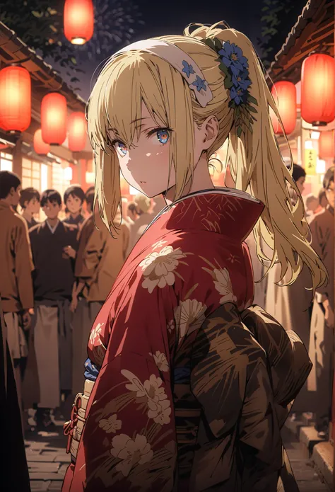 Eyes Wallenstein, Eyes Wallenstein,blond hair between eyes, white hair band, , and the eyes are, ponytail,flower hair ornament,Blue flower pattern kimono,standing,Light up fireworks,Red Lantern,Japanese stalls ,full bodyがillustrationsに入るように,break outdoors,...