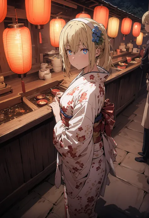 Eyes Wallenstein, Eyes Wallenstein,blond hair between eyes, white hair band, , and the eyes are, ponytail,flower hair ornament,Blue flower pattern kimono,standing,Light up fireworks,Red Lantern,Japanese stalls ,full bodyがillustrationsに入るように,break outdoors,...
