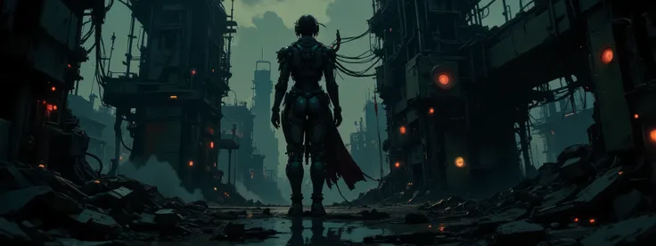 A post-apocalyptic woman stands on a tall building, looking down at the ruins of a bombed city far below. She has cables coming out of her head, her armor is half missing, nearly destroyed, revealing patches of bare skin. The lighting is very dark, mostly ...