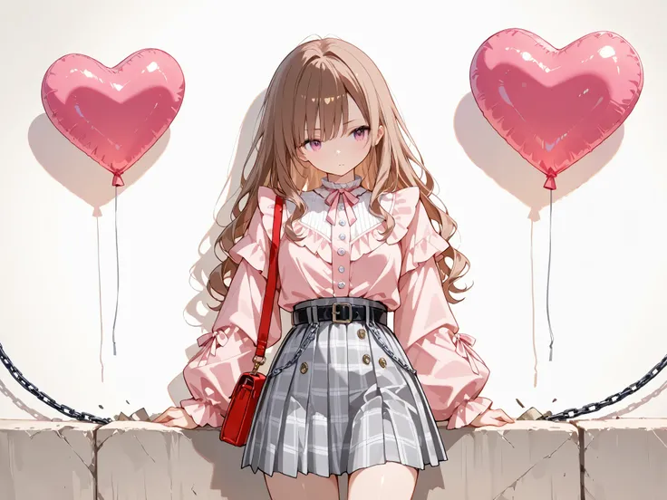 1girl,(long_hair, brown_hair, (wavy_hair:1.2), (no_eyebrows:1.1), pale_skin, (blouse:1.3), ruffled_shirt, pearl_buttons, balloon_sleeves, plaid_skirt, pleated_skirt, mini_skirt, black_belt, slim_waist, handbag, chain_strap, fingernails, BREAK, light_pink_t...