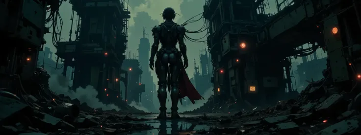 A post-apocalyptic woman stands on a tall building, looking down at the ruins of a bombed city far below. She has cables coming out of her head, her armor is half missing, nearly destroyed, revealing patches of bare skin. The lighting is very dark, mostly ...