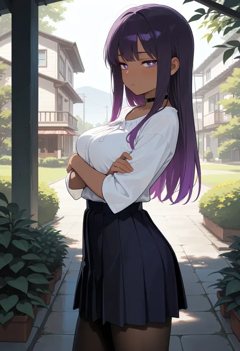 masterpiece, best quality, amazing quality, very aesthetic, colorful, cowboy shot, 1girl, from side, half-closed eyes, looking at viewer, arms under breasts, purple hair, gradient hair, straight hair, long hair, dark skin, purple eyes, white pupils, (freck...