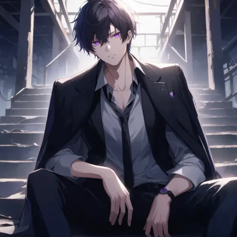 One Man,  beautiful men, (( short black hair:1:1)), black suit jacket, black suit trousers、purple eyes, A powerful gaze, Disingenuous Representation, ((raise her chin)), condescending expression, Abandoned Factory,  is sitting on the stairs, Dynamic Lighti...