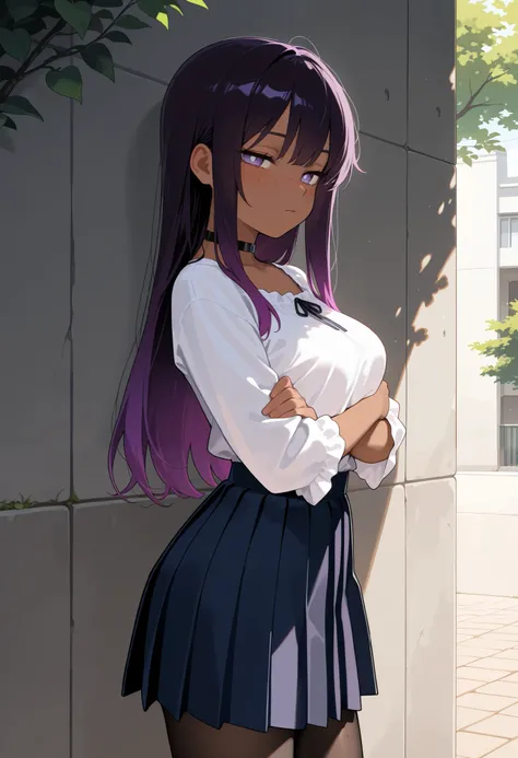 masterpiece, best quality, amazing quality, very aesthetic, colorful, cowboy shot, 1girl, from side, half-closed eyes, looking at viewer, arms under breasts, purple hair, gradient hair, straight hair, long hair, dark skin, purple eyes, white pupils, (freck...