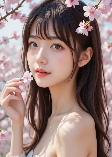 Japanese girl、18 year old girl、Girl biting a cherry blossom petal with her front teeth、to her forehead、cute face、Hair with bangs、Beautiful Skin、real、The background is covered with light-colored cherry blossoms